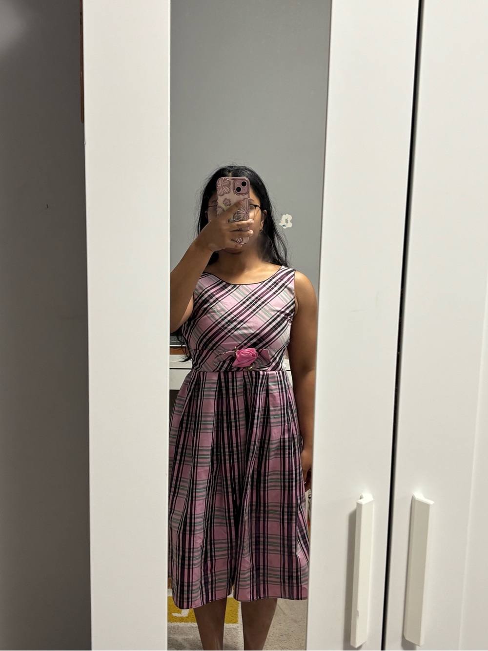 Old Navy Pink Plaid Sleeveless Dress with Rose Accent